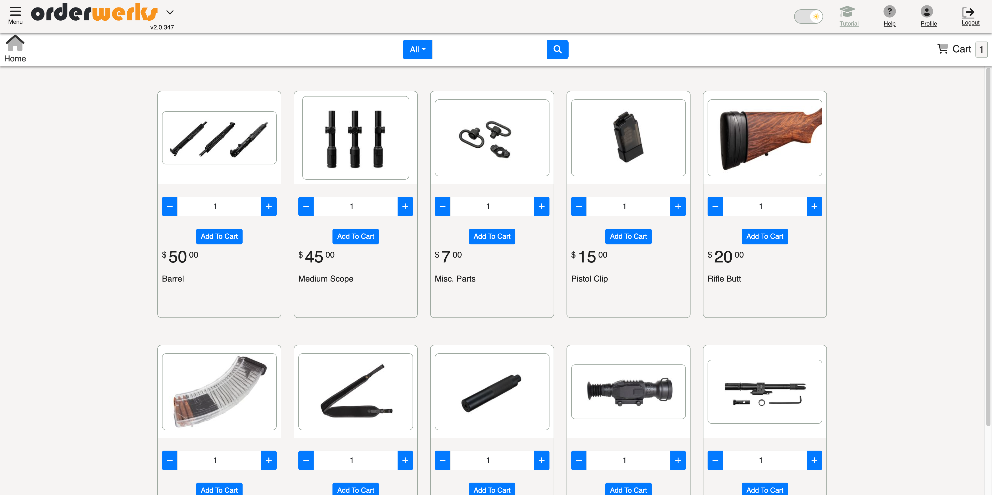 Firearm dealer B2B ordering portal showing product catalog with serial tracking and customer-specific pricing