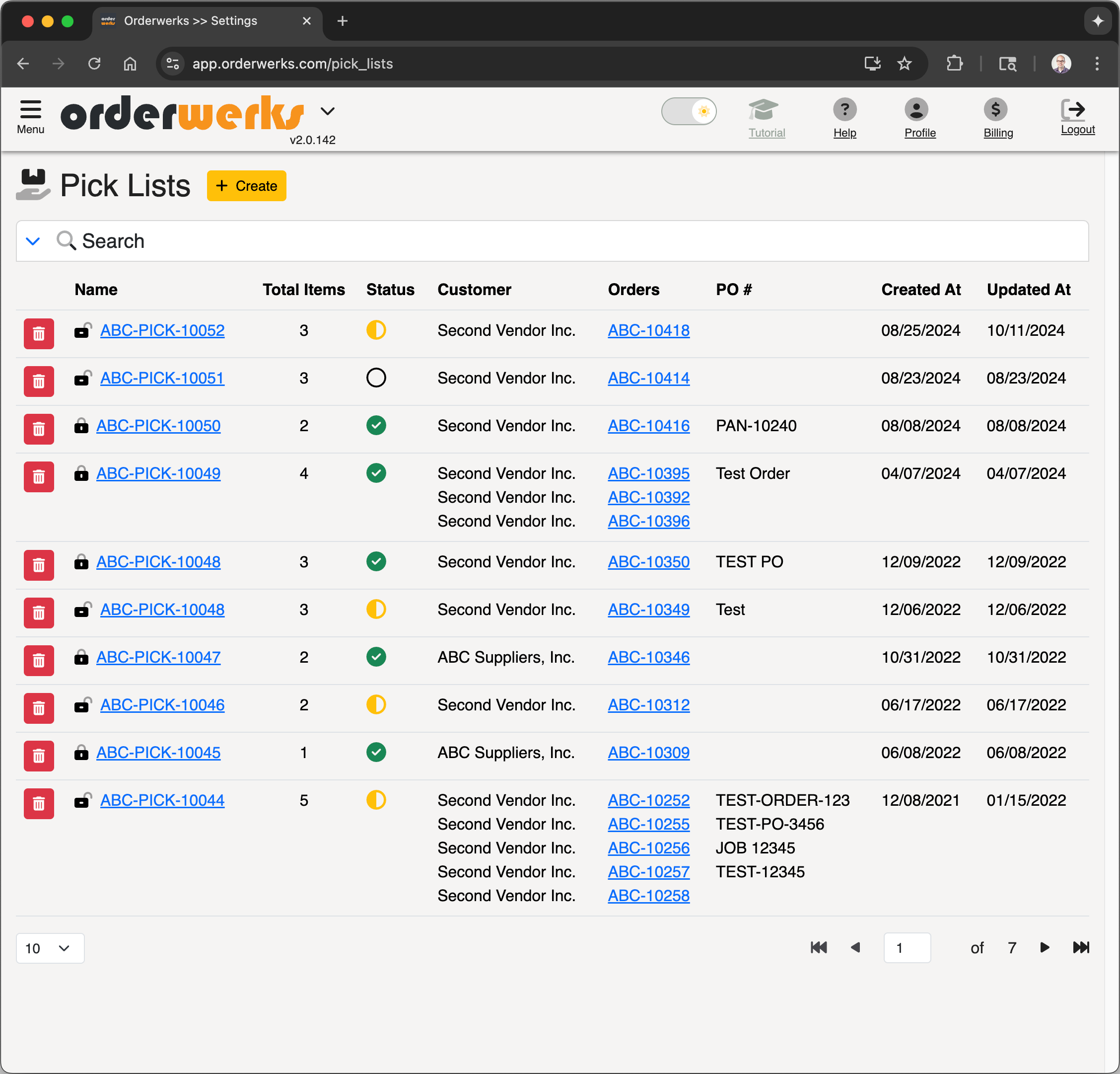 Pick Lists Screen