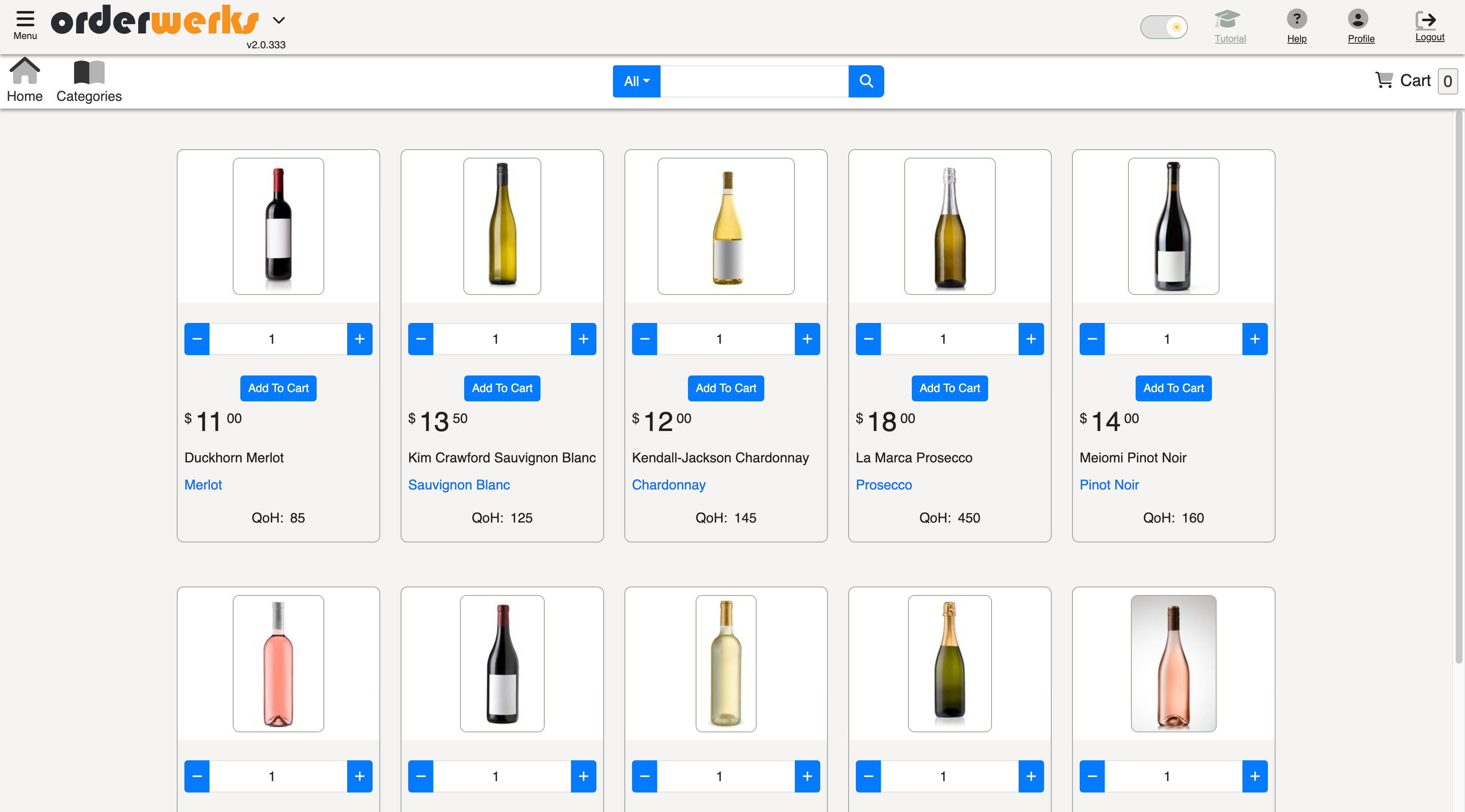 Wine and spirits B2B ordering portal showing product catalog with varietals, vintages, and customer-specific pricing