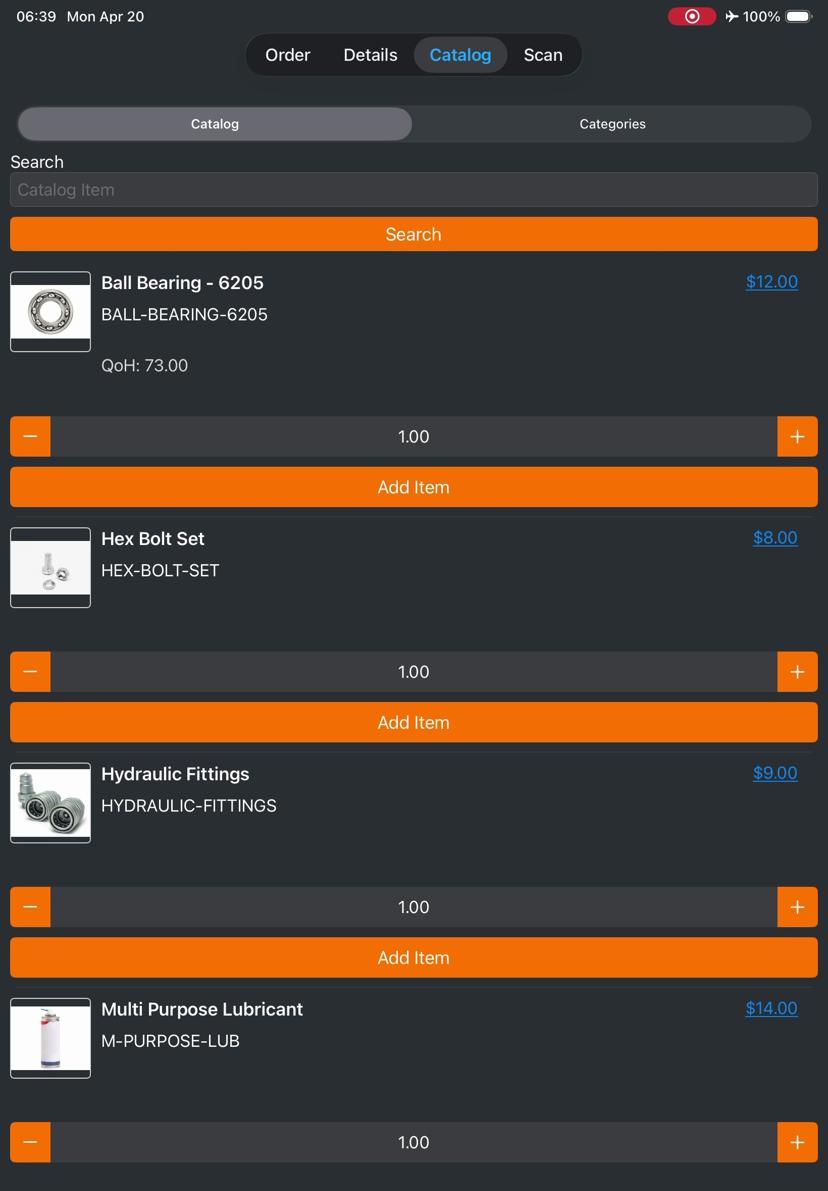 Orderwerks Sales App showing offline multi-line order entry with product catalog at a trade show booth