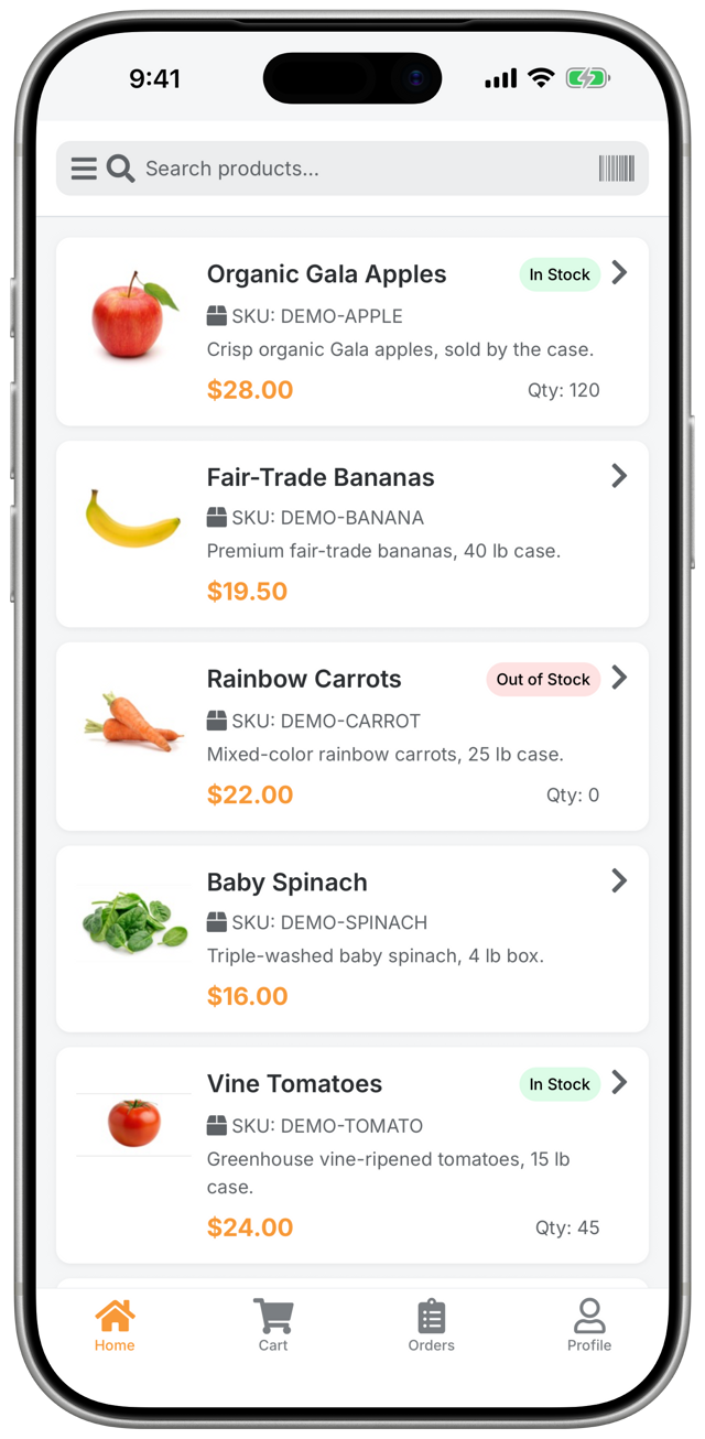 Orderwerks Online product catalog on iPhone