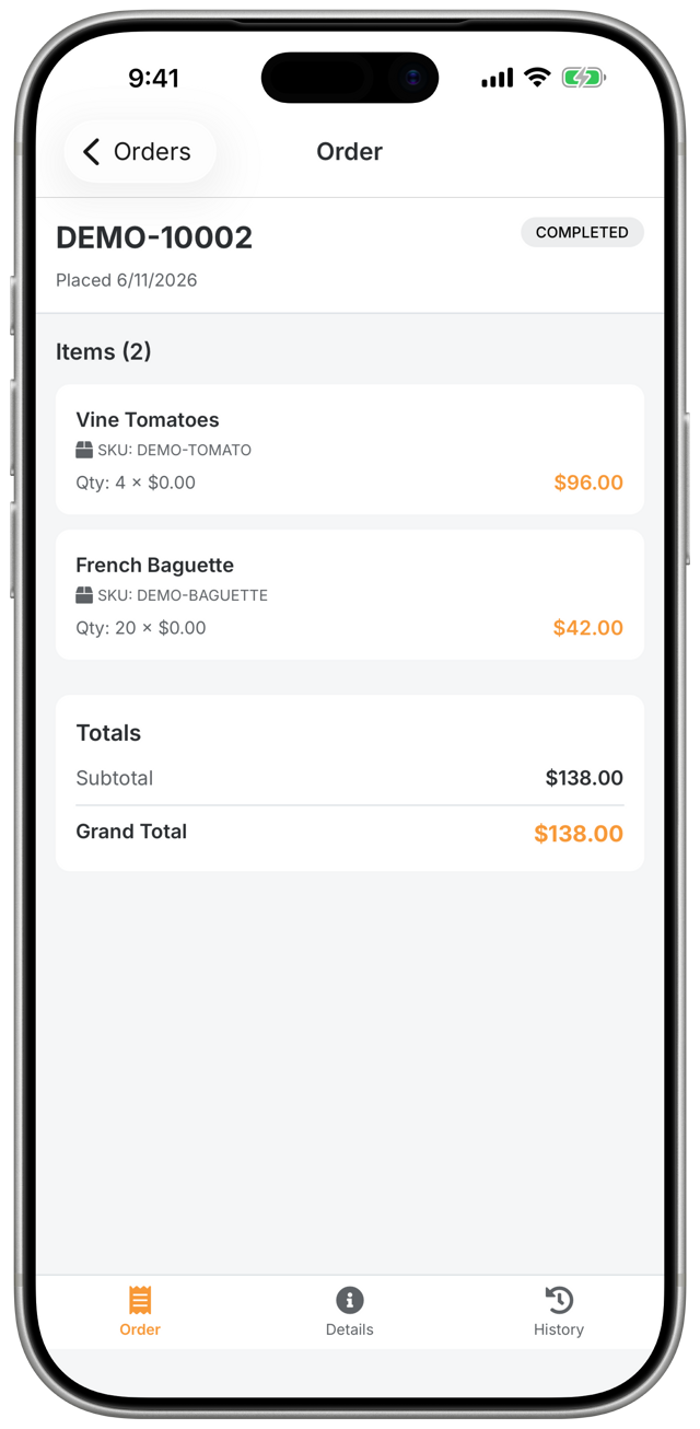 Orderwerks Online order detail with itemized totals
